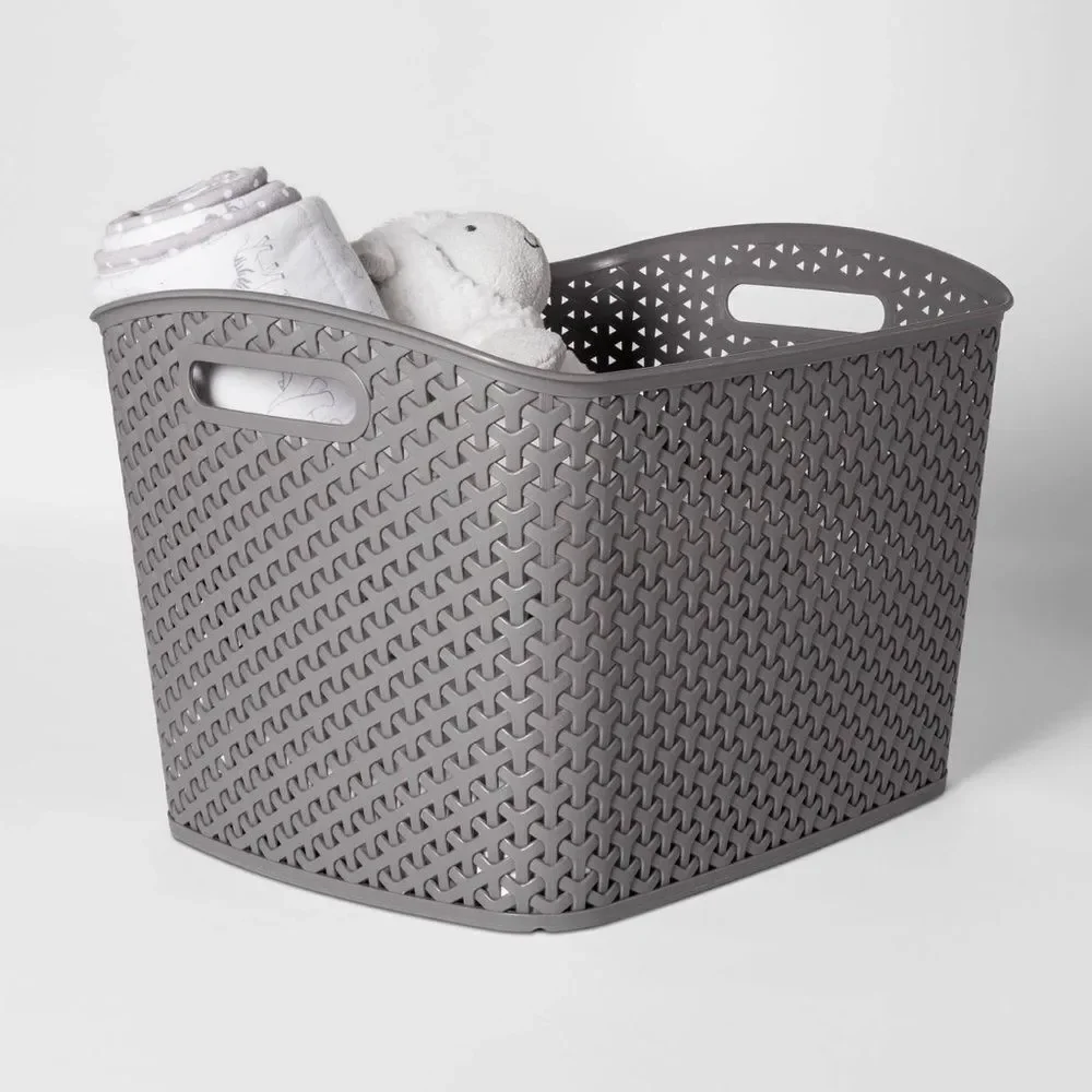 Charcoal Gray Decorative Storage Basket w/Large Y-Weave Design 16.5”x12.75”x11”